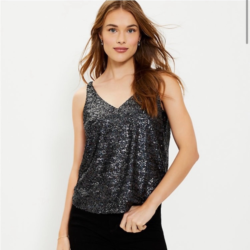 Ann Taylor black sequin tank v neck v back black medium top